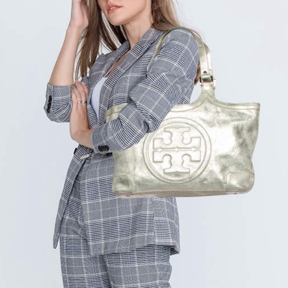 TORY BURCH Bombe Metallic Silver Shimmer Crackled Leather Shoulder Bag Tote - Picture 15 of 15